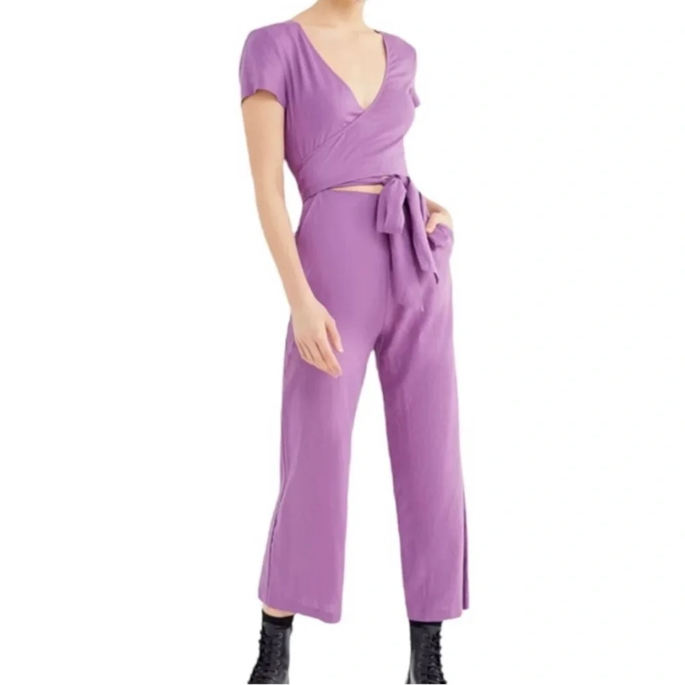Urban Outfitters Purple Wrap Jumpsuit Linen Blend Wide Leg